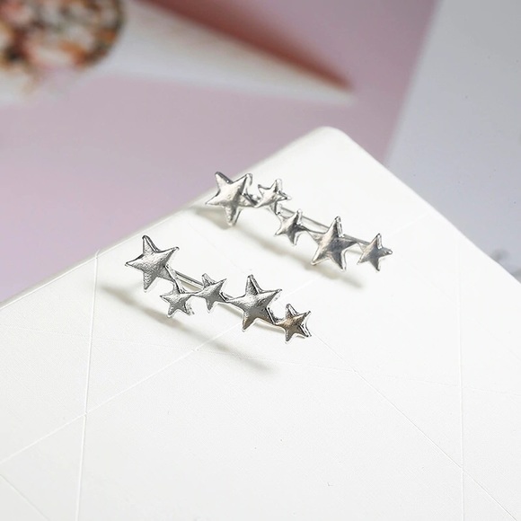 Silver and Gold Star Ear Climber Stud Earrings - Picture 3 of 5